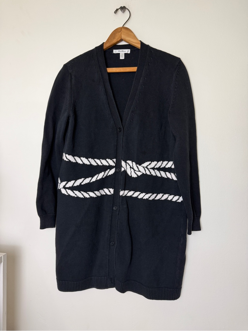 MaxMara Black Long Cardigan with White Rope Detail